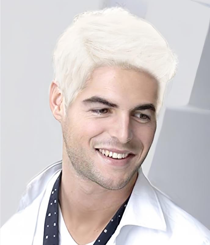 Siudus Mens White Short Wig Natural Heat Resistant Fibre Wig Cosplay Costume Party Wigs for Male Guys (White)
