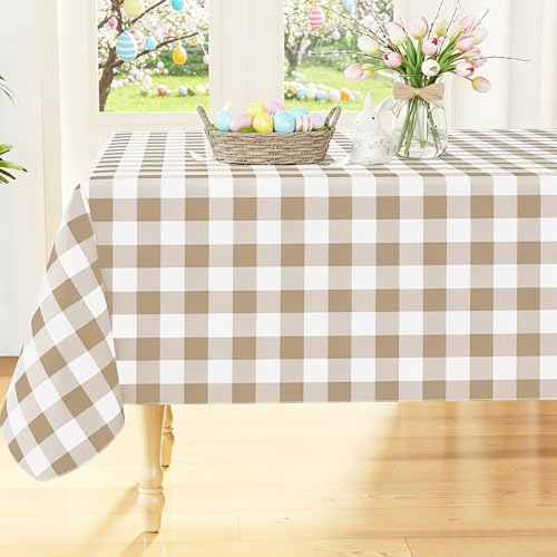 Smiry Rectangle Table Cloth, Waterproof Vinyl Tablecloths with Flannel Backing, Wipeable Buffalo Plaid Table Cover for Picnic, Indoor and Outdoor (Khaki & White, 60