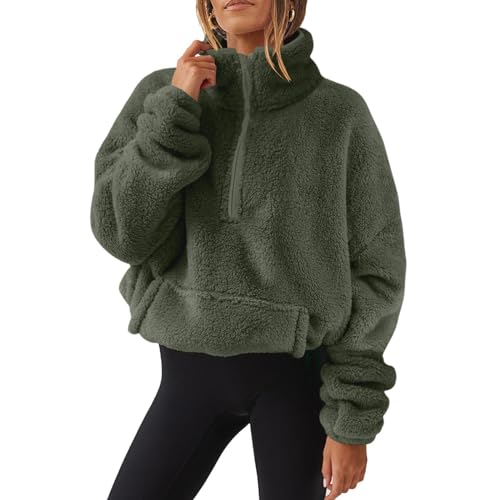Womens Half Zip Sherpa Fleece Pullover Sweatshirts Fuzzy Sweaters