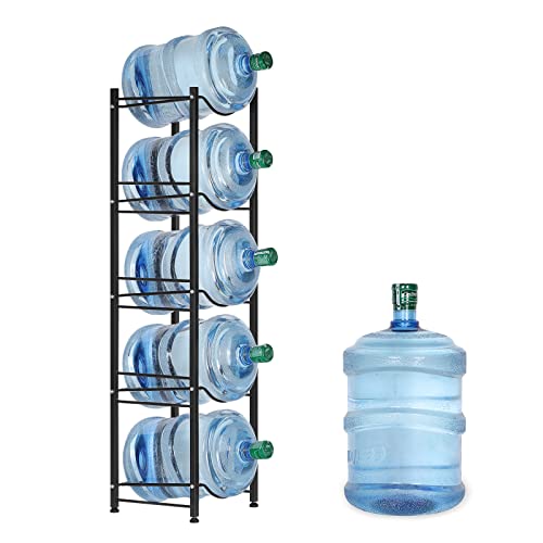 5 Gallon Water Jug Rack, 5-Tier Water Bottle Holder Storage Rack, Water Jug Organizer for Kitchen, Office, Garage, Dark Black
