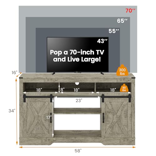 Image of RoyalCraft Farmhouse TV Stand with Sliding Barn Door for TVs up to 65+ Inch, 34 inch Tall Entertainment Center, Wood Media Console Storage Cabinet for Bedroom, Living Room, Light Grey