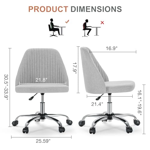 Image of Sweetcrispy Armless Vanity Chair, Cute Comfy Home Office Desk Chair with Wheels, Modern Upholstered Task Computer Seat for Bedroom, Study, Makeup Vanity, Height Adjustable & Swivel, Classic Gray