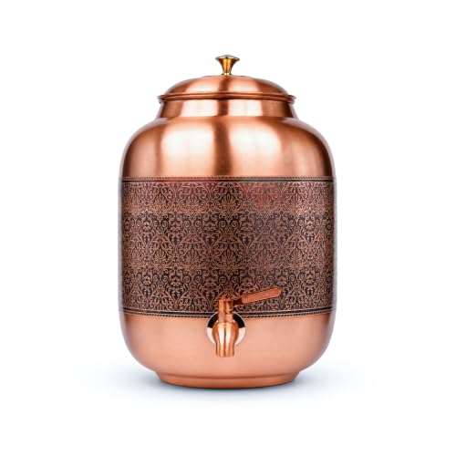 Image of Artarium Pure Copper Water Dispenser 8 Litre with Tap, Handcrafted Etched Hammered Matka Copper Water Storage Container, Ayurvedic Water Dispenser for Home, Kitchen, Office & Dining