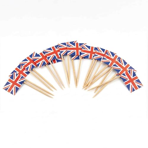 120 Stück Vereinigtes Königreich-Flaggen-Cocktailspieße - 6,5 cm (2,5 Zoll) Bambus-Zahnstocher mit Mini-Flaggen - Robuste Garniturspieße für Partys, Bars, Catering und Events - von Mobi Lock