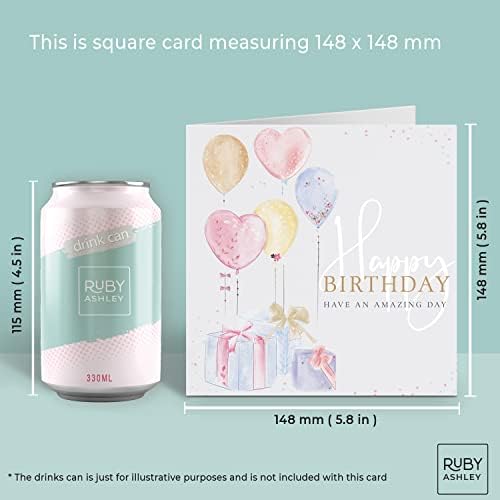 Birthday Card for Female Adult or Child. Balloon Happy Birthday Card for Her with Grey Envelope. 100% Recyclable. Made in the UK by Ruby Ashley. Eco Friendly Birthday Cards for Women.