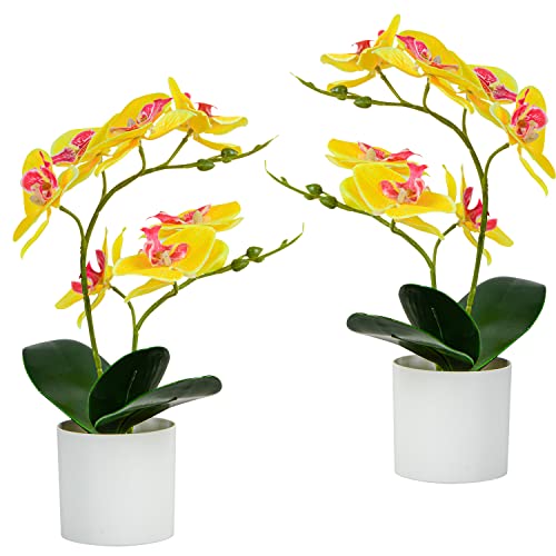 YIROU 2 pièces Fleurs d'orchidées artificielles Faux Fleurs d'orchidées en Pot pour pièce maîtresse de Table décor à la Maison Bureau décoration de fête de Mariage (Jaune)