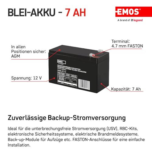 EMOS - Wartungsfreier Bleiakku - 12V 7Ah - AGM Batterie - Faston 4,7mm Anschluss - Für Gefahrmeldeanlagen, Brandmeldetechnik, Alarmsysteme, USV, Aufzüge - 151x65x94 mm