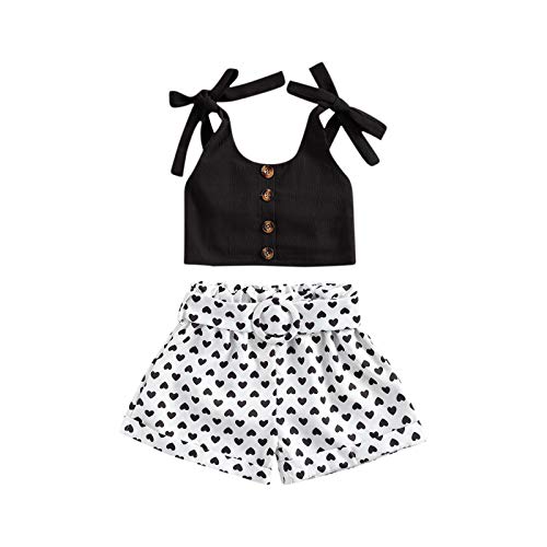 Toddler Baby Girl Shorts Sets Sleeveless Strap Crop Top Heart Belt Shorts Summer Outfit 2pcs Clothes Set (Black, 6-12Months)
