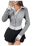 MakeMeChic Women's Striped Print Rib Knitted Long Sleeve Collar Neck Button Down Shirt Blouse Tops Grey Small