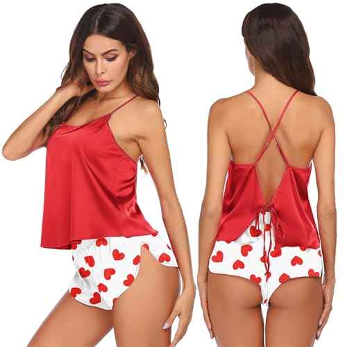 Image of Ekouaer Silk Pajamas Set for Women Satin Backless Lingerie Pjs Cami Top and Shorts Nightwear
