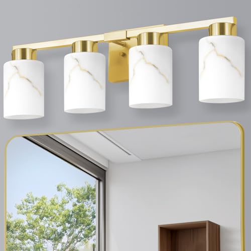 Image of 4-Light Bathroom Light Fixtures, Modern Vanity Lights, Gold Metal Wall Lamp with White Marble Glass for Bathroom, Mirror, Living Room, Bedroom, Cabinet, Porch, Hallway, E26 Base