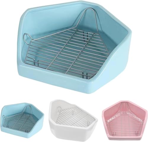 Emuia 陶製三角型小動物用トイレトレー 大三角32x24x6cm/小三角20x16.5x7.5cm 金網スノコ付属 ケージ角設置専用設計 ウサギ・チンチラ対応(大きい,ブルー五角形)