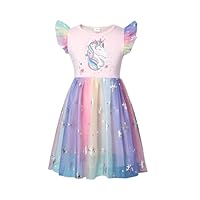 JiAmy Girls Dresses Ruffle Sleeve Unicorn Print Rainbow Sequins Tulle Tutu Dress Kids Summer Wedding Birthday Party Princess Clothes for Girl 7-8 Years Light Pink