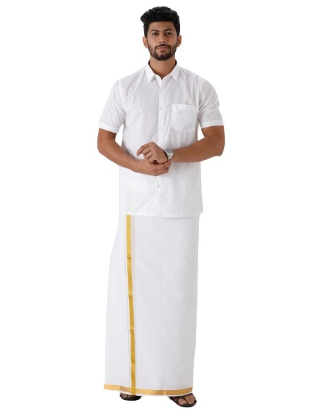 ramraj cotton Men's White Half Sleeve Traditional Shirt with Gold Jari Big Border Dhoti Set-picture-18