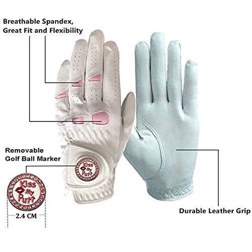 golfhandschuh 2 stücke Leder Golfhandschuhe Frauen mit Bling Ball Marker Extra Grip Links rechts Hand Rosa Fit Damen Mädchen Golfspieler Golfhandschuhe