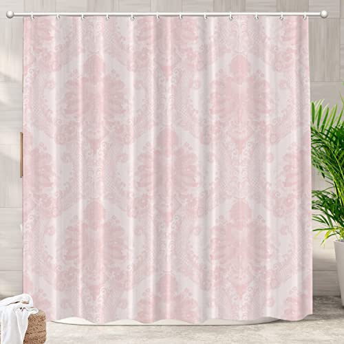 Batmerry Cortina de ducha clásica rosa con decoración floral elegante, damasco, decoración de baño, fibra de poliéster, anillos de plástico, secado rápido, impermeable, para bañeras o baño, 72 x 72