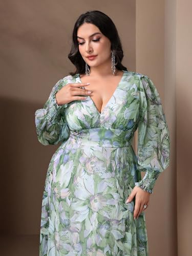 Image of Spring Summer 2024 Plus Size Womens Dresses V Neck Casual Elegant Long Sleeve Floral Print Maxi Dress