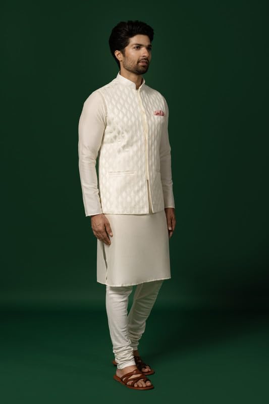 Image of KISAH Men Printed Kurta Jacket Set, Full Sleaves, Knee Length, Straight, Regular Fit, Mandarin Collar Ethnic Wear