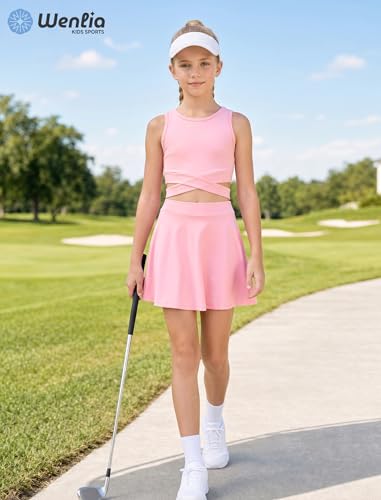 Image of Wenlia Girls Tennis Dress Sleeveless Golf Outfit 2 PCS Athletic Dress Activewear Set with Built in Shorts for 5-14Y