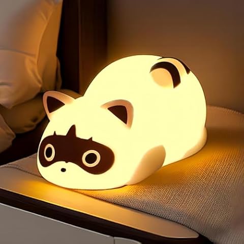 JIMEI Night Light for Kids Raccoon Cute Led Lamp Bedside Lamp Baby Nursery Bedroom Dimmable Rechargable Touch Control Table Desk Lamp Cool Stuff Fun Kawaii Room Decor Aesthetic Novelty Accessories Cover