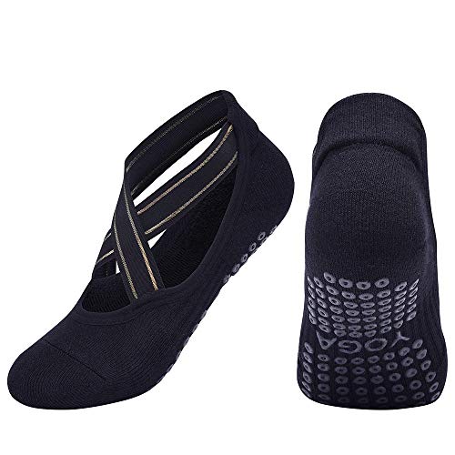 Regoma 4 Pairs Yoga Socks For Women, Women's Yoga Grip Socks Non Slip Straps Socks For Fitness Ballet Pilates Dance Workout Studio Barefoot Size 5.5 - 9 (Black), One Size, Yg01 #TOP1