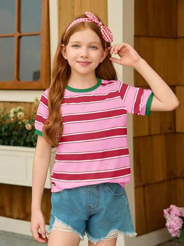 Image of Haloumoning Girls Striped Short Sleeve T Shirts Kids Summer Casual Tops Crewneck Tees Blouses 5-14Y