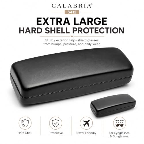 Image of Calabria S412 Extra Large Hard Shell Eyeglass Case - Black Snap Closure Glasses Case with Soft Felt Interior