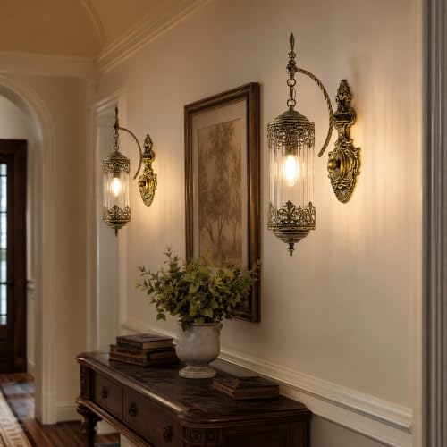 Image of Vintage Wall Sconce with Glass Shade, Rustic Farmhouse Wall Light Fixture, Antique Gothic Decorative Metal Wall Lamp for Hallway, Bedroom, Living Room, Entryway, 2-Pack
