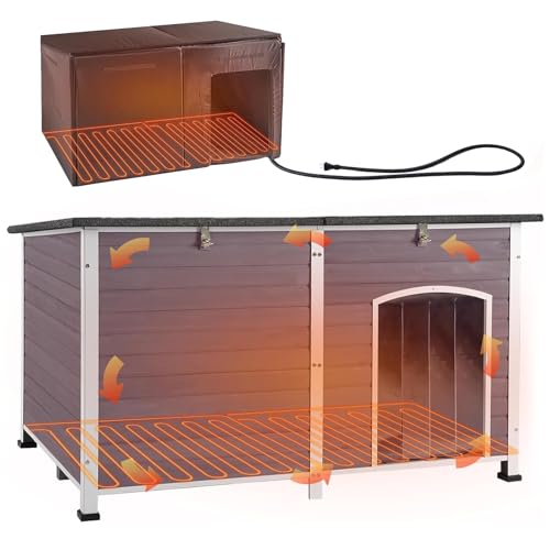 Aivituvin Dog House Insulated Outdoor Dog Kennel with Heated Liner for Winter 59' Extra Large Insulated Dog Cage with Heater,All-Around Iron Frame(Grey)