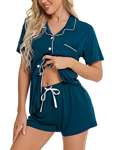 Image of SWOMOG Womens Button Down Pajamas Set Short Sleeve Sleepwear Bride Soft Pj Lounge Sets XS-3XL