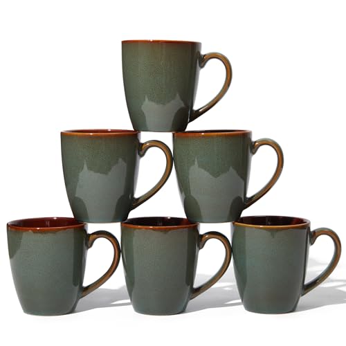 Image of Pokini Coffee Mug 14oz, Coffee Mugs Set of 6, Cups for Latte Tea Cappuccino | Reactive Glaze Coffee Mug Set, Dishwasher & Microwave Safe, Cups Set for Cocoa, Milk, Hot Chocolate or Water, Brown Green