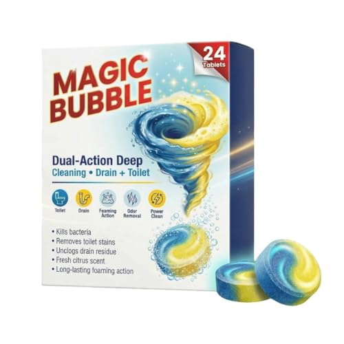 Image of Magic Bubble Dual-Action Toilet & Drain Cleaning Tablets (24 Tablets) | Foaming Deep Clean Toilet Bowl Cleaner | Removes Stains, Odors & Limescale | Drain Unclogging Tablets for Bathroom (Pack of 1)