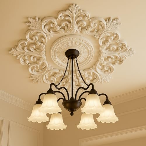 Image of Nuanchu 35.4'' Large PU Ceiling Medallion Combination Decorative 2.36'' ID French Style Chandelier Base Ceiling Medallion for Light Fixtures Victorian Rosette Light Covers for Chandeliers(Elegant)