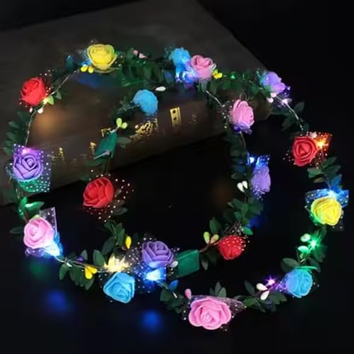 LED Blumenkranz Stirnband, Leuchtender Kronen Blumengirlande Boho Floral Crown Hochzeit, Festival, Schlager party, Konzert Kopfschmuck Damen Mädchen (Schaumblüten mit grünen Blättern, 1 Stück)