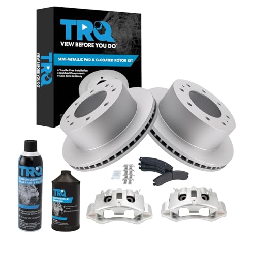 Image of TRQ Rear Semi-Metallic brake Pad Coated Rotor & Caliper Kit w /Fluids for Chevy