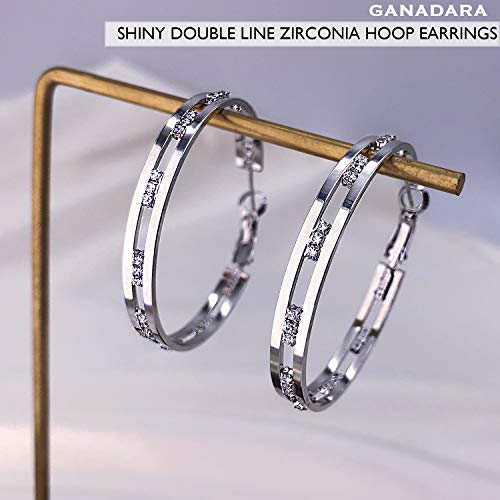 Ganadara Cubic Zirconia Hoop Earrings For Women - 14K Gold Plated 925 Sterling Silver Shiny Wide Round Hoop Earrings (Silver) #TOP4