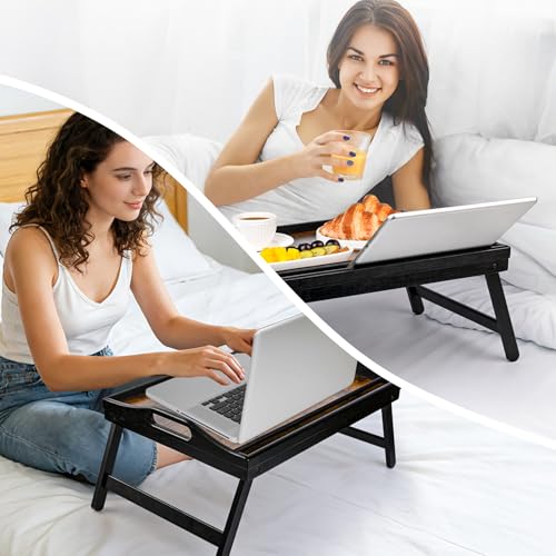 VASMIA Betttablett Tisch mit klappbaren Beinen, Bambus Frühstück im Bett Essen, Servieren, Laptop-Schreibtisch, Snack Tablett, mit Rille für Handy, 43 x 32 cm，Schwarz und Vintage Braun