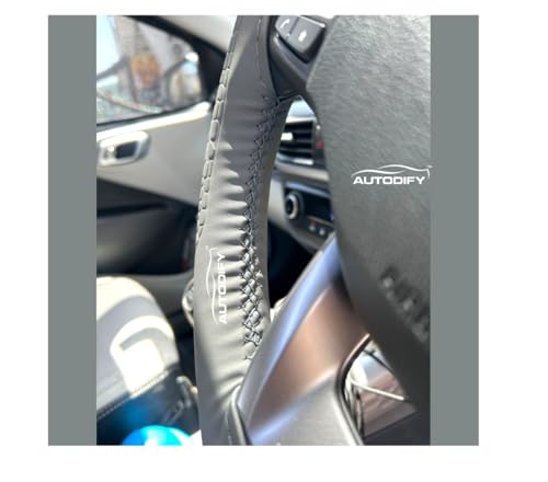 Image of Grey Leather Steering Wheel Cover Universal Fit, Anti-Slip, Breathable, Comfortable Grip, Durable & Stylish for Cars Easy Install, Long-Lasting Protection,Non-SlipDesign.