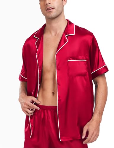Image of SWOMOG Men Satin Silk Pajamas Sets Short Sleeve Sleepwear Button-Down PJs Sets Two-Pieces Loungewear with Pockets