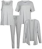 Live2Lounge Women's 4-Piece Pajama Set – Soft Hacci Knit Loungewear with Short Sleeve T-Shirt, Tank Top, Wrap Cardigan & Jogger Pants, Size Medium, Heather Grey