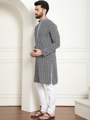Image of SOJANYA (Since 1958 Men's Cotton Gold Embroidered Sequinned Kurta With white churidar Pyjama