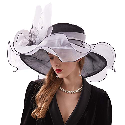 Go Mai Women Kentucky Derby Hat Organza Hats Two Wear Ways,Hat Flower Can Be Used As a Headwear, Black White, One Size