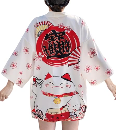 Image of LAI MENG FIVE CATS Women's Lucky Cat Cardigan Kimono Loose Cover up Casual Blouse Cute Tops