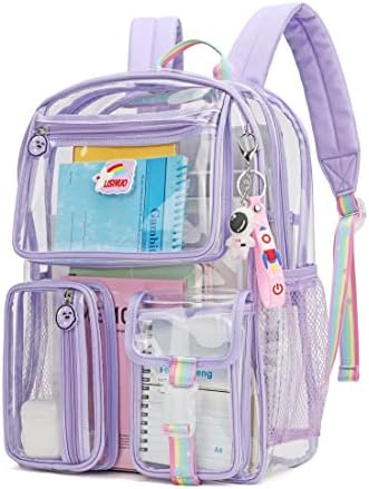 LISINUO Clear Backpack Girl Transparene Backpacks See Through Book Bag for Women Heavy Duty Pvc Mesh Bag Cute Girls Bookbags(Purple)