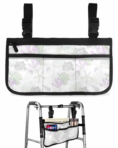 Anzona Green Purple Coral Wheelchair Side Bag Walker Bag, Coastal Summer Ocean Wheelchair Accessories Armrest Pouch, Organizer Storage Bag for Walkers, Rollators, Scooters, 7.3''x13''