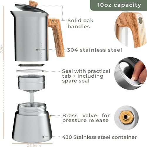 Image of WALDWERK Stainless Steel Moka Pot (10oz) - Toxic Free Moka Pot with Oak Wood Handle - Stovetop Espresso Maker - Italian Coffee Maker for Stovetop and Induction