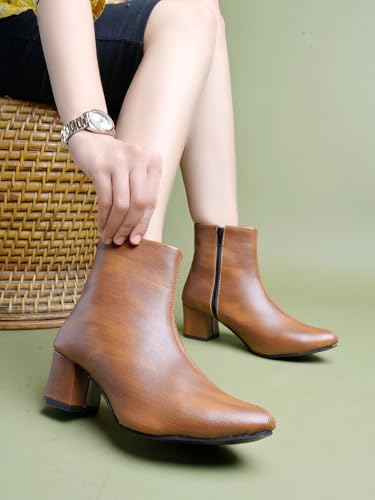 Image of Shoetopia Women's Ankle Boots - Faux Leather Pointed Toe Booties with Side Zip & Mid Block Heel for Work, Party & Everyday