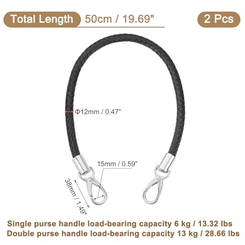 uxcell Leather Purse Strap, 2Pcs 50cm/19.69" Short Leather PU Braided Purse Replacement Handle with Metal Buckles for Underarm Bags, Handbags (Black Strap + Silver Clasp) by uxcell - Image 2