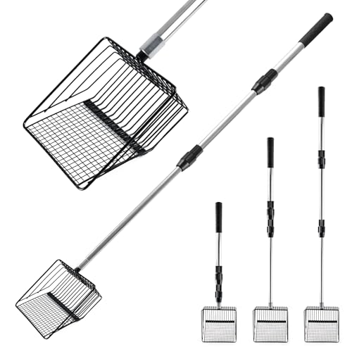 Jellybibo Tamis pour Poulailler, Extensible Pelle Litière Chat Tamis Acier Inoxydable, Pelle à Litière Réglable 3 Positions 58 à 102 cm, pour Poulailler et Litière Chat