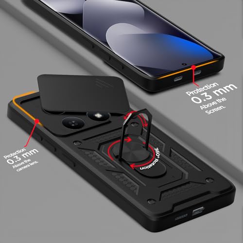 Image of Pikkme Back Cover for Redmi Note 15 5G | 360 Protection Case | Sliding Camera Shield Cover & Ring Holder Stand D10 Tough Armor Bumper Case (Black)